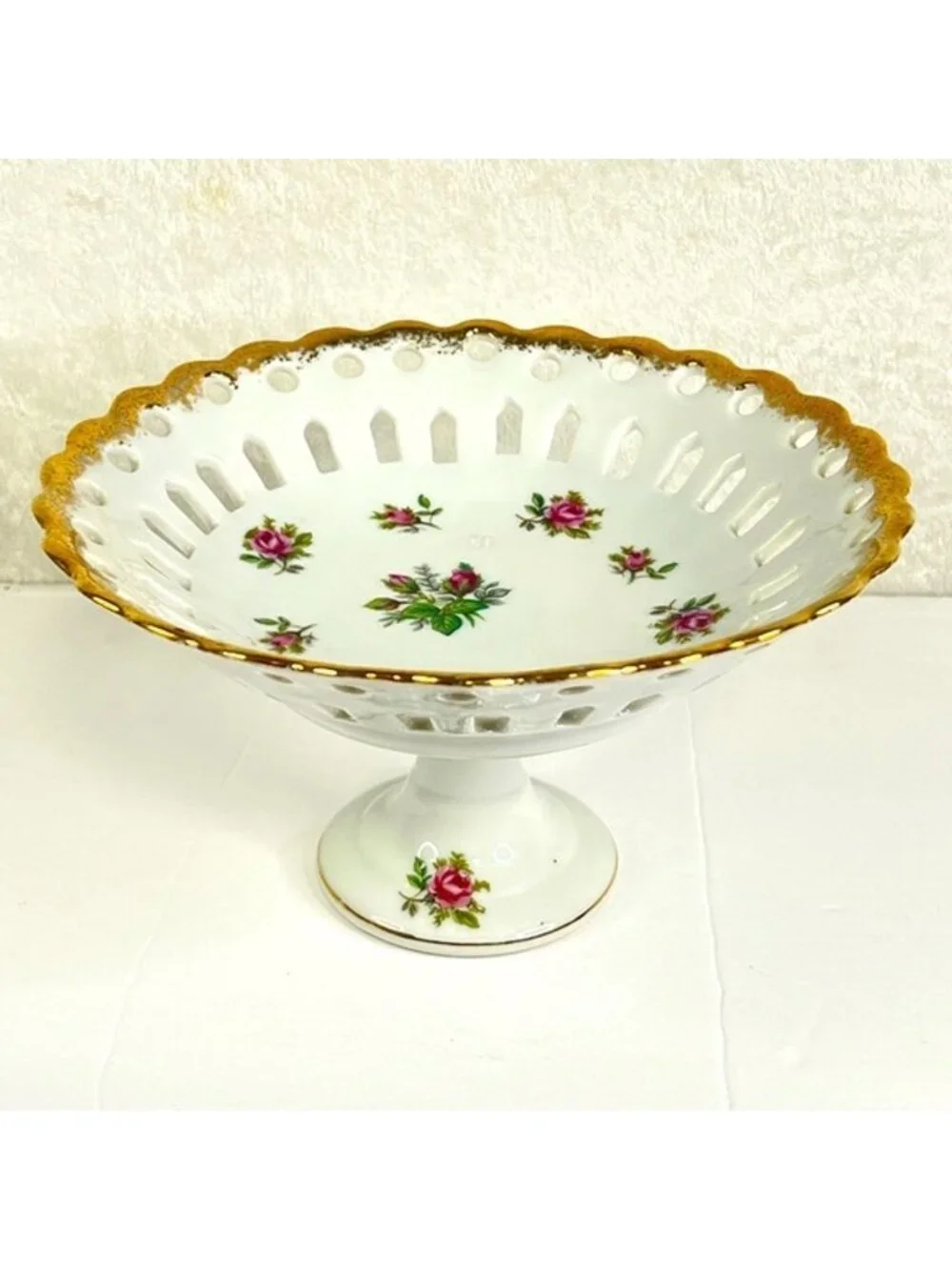 Fine China Footed Pedestal Dish Pink Rose Japan Gold Trim Compote Candy High Tea
